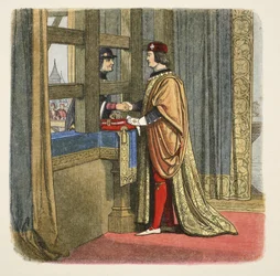 Setkání Eduarda IV. a Ludvíka XI. Francouzského v Pecquigny, 29. srpna 1475, od A Chronicle of England BC 55 do AD 1485, pub. Londýn, 1863